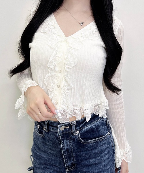 INGNI(イング)の「【WEB限定】フリルレースドッキングシアーリブカーディガン(カーディガン/ボレロ・レディース・ブラック/ボルドー/アイボリー・M)」の9枚目の写真