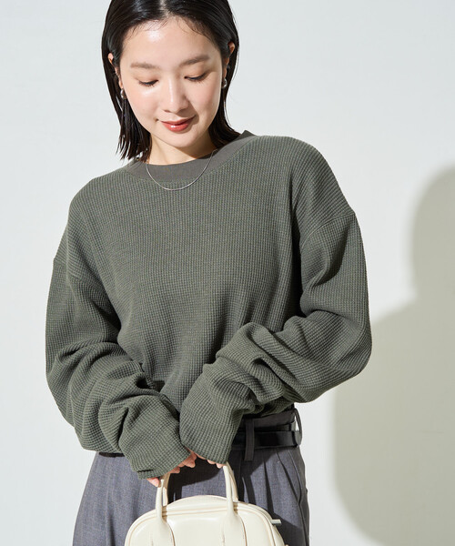 FREAK'S STORE(フリークスストア)の「限定展開 ヘビー ワッフル クルーネック チュニック プルオーバー(Tシャツ/カットソー・レディース・オリーブ/オフホワイト/チャコールグレー/グレー/ブラウン/ベージュ/ブルーグリーン/ピンク・フリ-)」の7枚目の写真