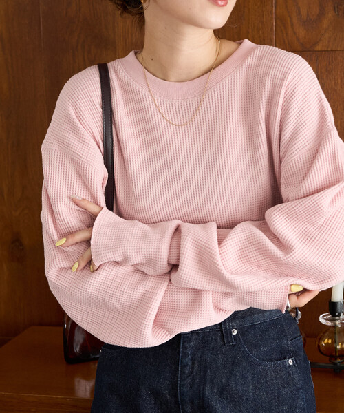 FREAK'S STORE(フリークスストア)の「限定展開 ヘビー ワッフル クルーネック チュニック プルオーバー(Tシャツ/カットソー・レディース・オリーブ/オフホワイト/チャコールグレー/グレー/ブラウン/ベージュ/ブルーグリーン/ピンク・フリ-)」の1枚目の写真