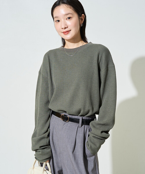 FREAK'S STORE(フリークスストア)の「限定展開 ヘビー ワッフル クルーネック チュニック プルオーバー(Tシャツ/カットソー・レディース・オリーブ/オフホワイト/チャコールグレー/グレー/ブラウン/ベージュ/ブルーグリーン/ピンク・フリ-)」の9枚目の写真
