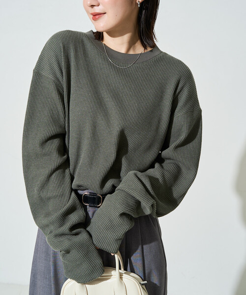 FREAK'S STORE(フリークスストア)の「限定展開 ヘビー ワッフル クルーネック チュニック プルオーバー(Tシャツ/カットソー・レディース・オリーブ/オフホワイト/チャコールグレー/グレー/ブラウン/ベージュ/ブルーグリーン/ピンク・フリ-)」の14枚目の写真