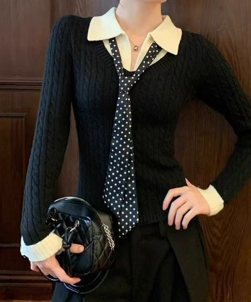 Achic(アシック)の「2026AW スカーフ付き 配色レイヤードケーブルニットトップス(Tシャツ/カットソー・レディース・ブラウン/グレー/ブラック・M)」の20枚目の写真
