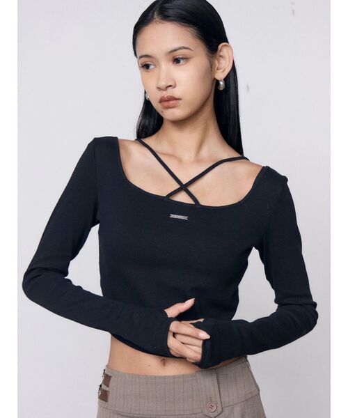 EMODA(エモダ)の「2WAYストリングクロストップス(Tシャツ/カットソー・レディース・ホワイト/ピンク/ブラック/グレー・FREE)」の2枚目の写真