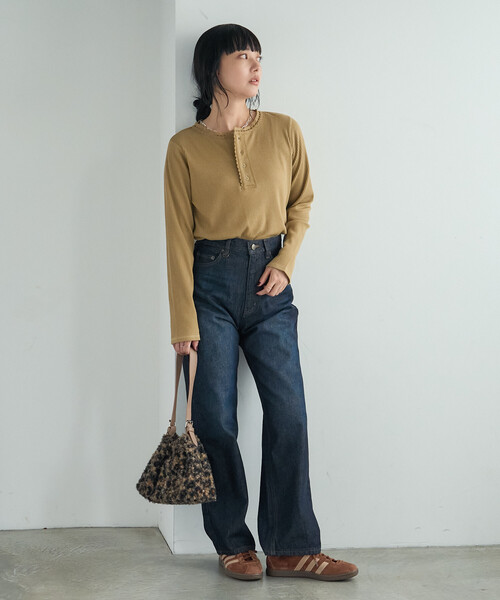 FREAK'S STORE（フリークスストア）の「ヴィンテージライク ヘンリーネックロンT/ヘンリーネックTシャツ（Tシャツ/カットソー・レディース・オフホワイト/ベージュ/ネイビー・ﾌﾘ-）」の12枚目の写真
