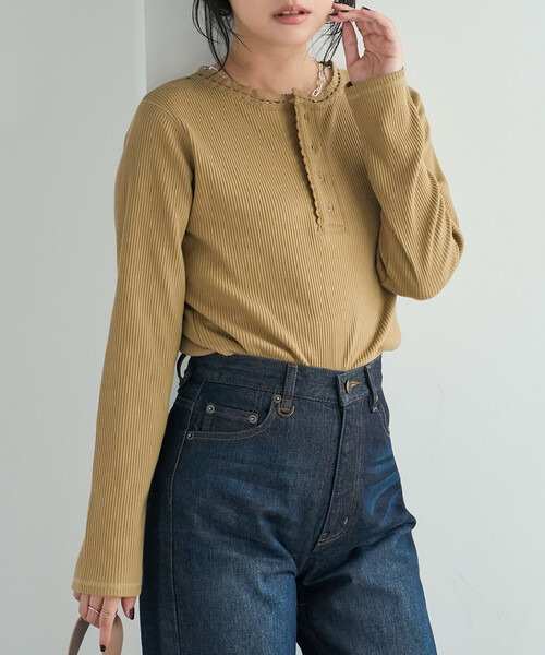 FREAK'S STORE（フリークスストア）の「ヴィンテージライク ヘンリーネックロンT/ヘンリーネックTシャツ（Tシャツ/カットソー・レディース・オフホワイト/ベージュ/ネイビー・ﾌﾘ-）」の13枚目の写真