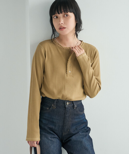 FREAK'S STORE（フリークスストア）の「ヴィンテージライク ヘンリーネックロンT/ヘンリーネックTシャツ（Tシャツ/カットソー・レディース・オフホワイト/ベージュ/ネイビー・ﾌﾘ-）」の14枚目の写真
