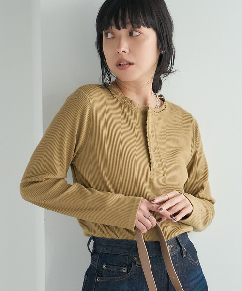 FREAK'S STORE（フリークスストア）の「ヴィンテージライク ヘンリーネックロンT/ヘンリーネックTシャツ（Tシャツ/カットソー・レディース・オフホワイト/ベージュ/ネイビー・ﾌﾘ-）」の16枚目の写真
