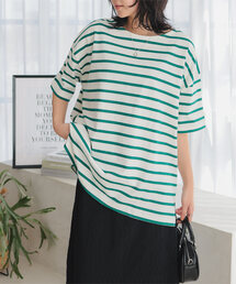 KOBE LETTUCE | ［ノーマル/パネル］ボーダー柄・無地シンプルカットソーチュニック　オーバーサイズTシャツ　半袖(Tシャツ/カットソー)