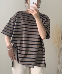 コットン100%ボーダーシンプルカットソーオーバーサイズ半袖Tシャツ