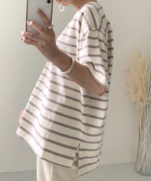 KOBE LETTUCE | ［ノーマル/パネル］ボーダー柄・無地シンプルカットソーチュニック　オーバーサイズTシャツ　半袖(Tシャツ/カットソー)