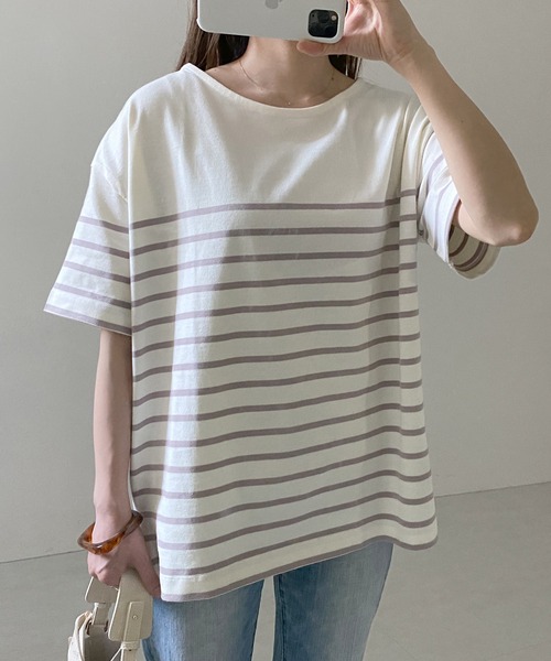 KOBE LETTUCE（コウベレタス）の「コットン100％ボーダーシンプルカットソーオーバーサイズ半袖Tシャツ（Tシャツ/カットソー・レディース・ブラウン系その他/ホワイト系その他6/ベージュ系その他2/ホワイト系その他3/ホワイト系その他5/ブラック×ホワイト/ホワイト系その他7/オレンジ/ベージュ系その他/ホワイト×ブラック/ブラウン系その他2/ホワイト系その他4/チャコール/ブラック系その他/ホワイト系その他/アイボリー/ホワイト系その他2/その他2/ベージュ系その他3/その他1/オリーブ/ブラック/ピンク系その他/ピンク系その他2/ピンク系1/ピンク系/グリーン系/グリーン系1/オフホワイト/ベージュ系その他4・FREE）」の9枚目の写真