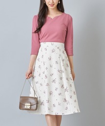 tocco closet | ウエストりぼん付きハートネックリブカットソー×フラワープリントドッキングワンピース(ワンピース)