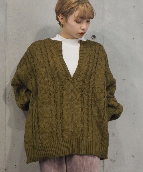 tiptop(ティップトップ)の「【web限定アイテム】2020AW ケーブル編みキーネックニット(ニット/セーター・レディース・アイボリー/ライトベージュ/ダークグリーン/パープル・FREE)」の13枚目の写真