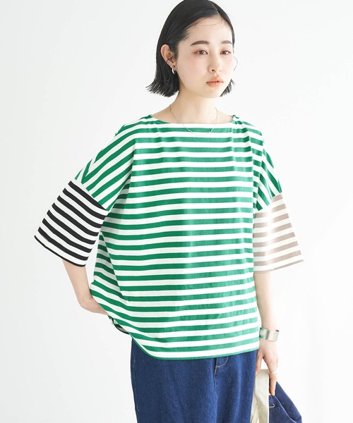 Chaco closet(チャコ クローゼット)の「オーバーサイズ ボーダー半袖Tシャツ(Tシャツ/カットソー・レディース・ブラック/ネイビー/イエロー/オレンジ/グリーン系その他/ブルー系その他/ピンク/ブルー/パープル/ベージュ/イエロー系1/グリーン系1/ベージュ×ブラック/レッド/ピンク系1/グリーン/パープル系/オフホワイト/ピンク系2/ブルー系/ピンク系3/グレー系1/ブラック系1/オレンジ系1/ネイビー系1・FREE)」の9枚目の写真
