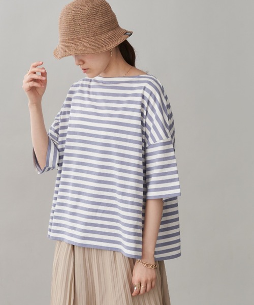 Chaco closet(チャコ クローゼット)の「オーバーサイズ ボーダー半袖Tシャツ(Tシャツ/カットソー・レディース・ブラック/ネイビー/イエロー/オレンジ/グリーン系その他/ブルー系その他/ピンク/ブルー/パープル/ベージュ/イエロー系1/グリーン系1/ベージュ×ブラック/レッド/ピンク系1/グリーン/パープル系/オフホワイト/ピンク系2/ブルー系/ピンク系3/グレー系1/ブラック系1/オレンジ系1/ネイビー系1・FREE)」の12枚目の写真