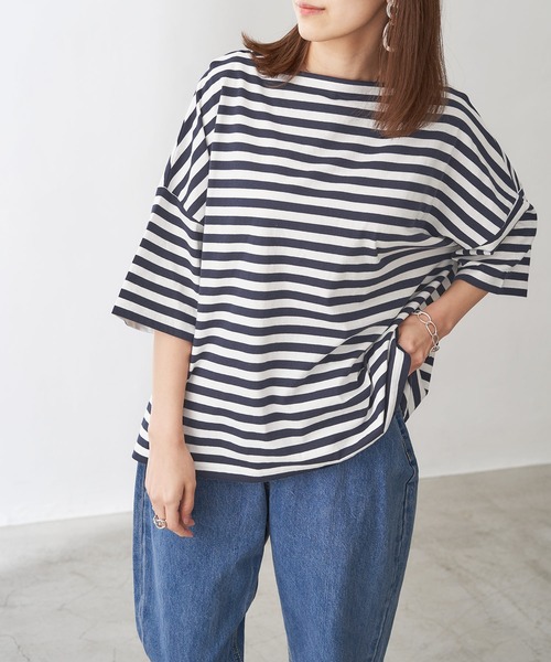 Chaco closet(チャコ クローゼット)の「オーバーサイズ ボーダー半袖Tシャツ(Tシャツ/カットソー・レディース・ブラック/ネイビー/イエロー/オレンジ/グリーン系その他/ブルー系その他/ピンク/ブルー/パープル/ベージュ/イエロー系1/グリーン系1/ベージュ×ブラック/レッド/ピンク系1/グリーン/パープル系/オフホワイト/ピンク系2/ブルー系/ピンク系3/グレー系1/ブラック系1/オレンジ系1/ネイビー系1・FREE)」の10枚目の写真