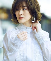 オーガンジーレース デザインブラウス | 長袖 スタンドカラー トップス 体型カバー オフィスカジュアル 通勤服 華やか レース シアー ブラウス
