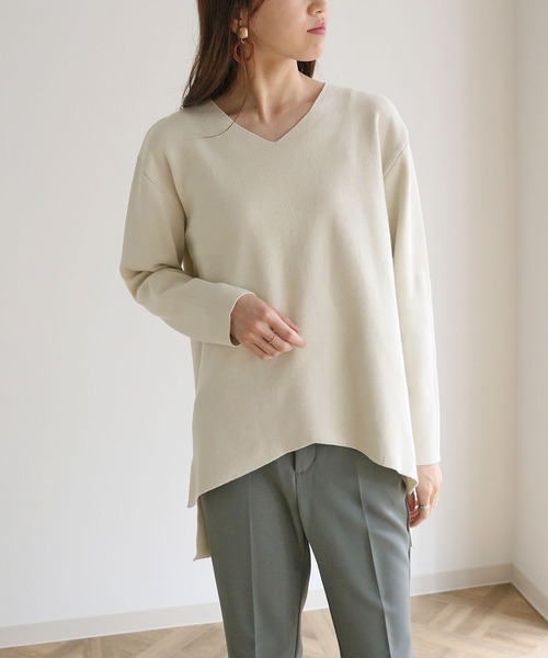 HER CLOSET(ハークローゼット)の「【HERCLOSET】イージーケア抗菌イレヘムVネックニット(ニット/セーター・レディース・サックスブルー/ブラック/ライトホワイト/グレー/ラベンダー/ベビーピンク・M)」の8枚目の写真
