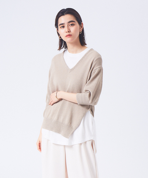 qualite（カリテ）の「レイヤードVネックアシメニット（ニット/セーター・レディース・ベージュ/オレンジ/ブラック・フリー）」の3枚目の写真