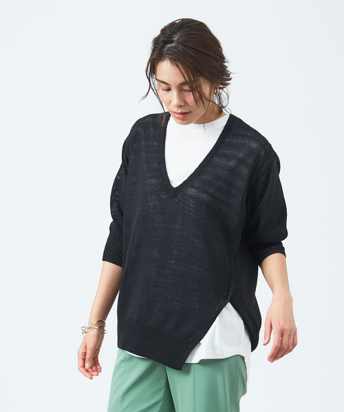 qualite（カリテ）の「レイヤードVネックアシメニット（ニット/セーター・レディース・ベージュ/オレンジ/ブラック・フリー）」の2枚目の写真