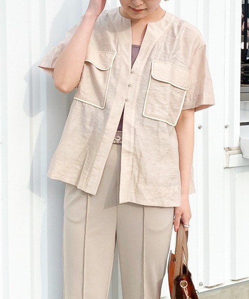 Heather（ヘザー）の「Ｗポケットシアー半袖シャツ　943371（シャツ/ブラウス・レディース・ベージュ/ブラック・FREE）」の2枚目の写真