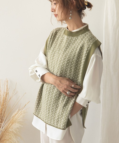 rectangle(レクタングル)の「ダイヤ柄ジャガードベスト(ベスト・レディース・ブラック/ベージュ/オリーブ/モカ・FREE)」の4枚目の写真