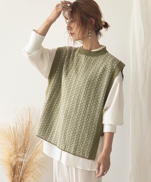 rectangle(レクタングル)の「ダイヤ柄ジャガードベスト(ベスト・レディース・ブラック/ベージュ/オリーブ/モカ・FREE)」の15枚目の写真