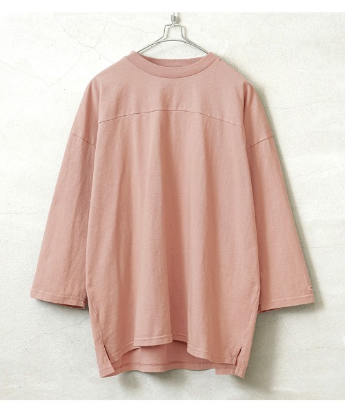 Goodwear（グッドウェア）の「Good wear グッドウェア 2w7-0505 切替7分袖 FOOTBALL BIG TEE（Tシャツ/カットソー・メンズ・ホワイト/ブラック/ブルー系その他/杢グレー/ネイビー/ライトカーキ/ベージュ/カーキブラウン/スモークピンク/グレイッシュベージュ/パープル系その他/オレンジ系その他/ミント/イエロー系その他/グレー系その他/ライトピンク/ブラウン・S/L/XL/M）」の15枚目の写真