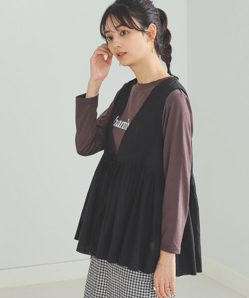 BEAMS HEART（ビームスハート）の「BEAMS HEART / プリントTシャツ×ジレ セット（Tシャツ/カットソー・レディース・ブラウン/オフホワイト/オリーブ・FREE）」の5枚目の写真