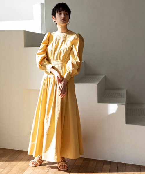 pot and tea ピンタックワンピース　カーキ スタンドカラーフレアワンピース 綿ハイカウントチノ | OPナガソデ