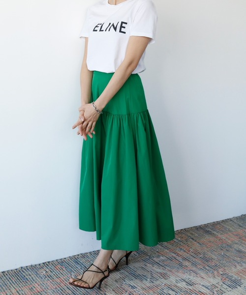 ELFRANK（エルフランク）の「ティアード切替ギャザーフレアロングスカート 【洗える】（スカート・レディース・ブラック/グリーン/ライム/ピンク・FREE）」の8枚目の写真