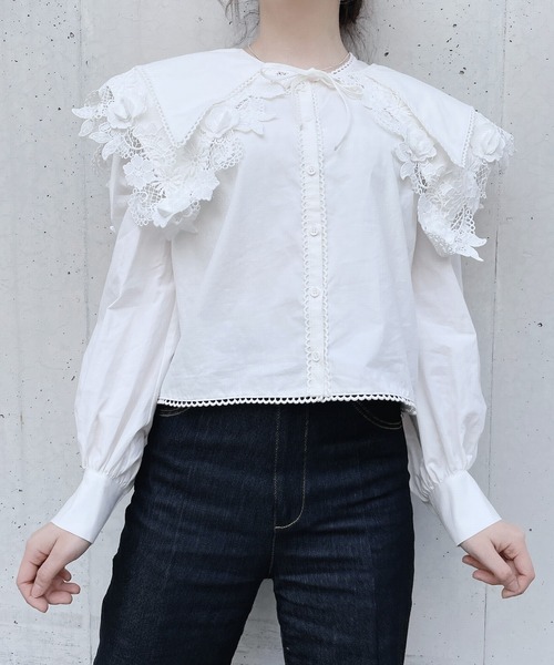 PAIN(ペイン)の「ダブルカラーレーシィブラウス(シャツ/ブラウス・レディース・ホワイト/ブラック/ブルー・FREE)」の5枚目の写真