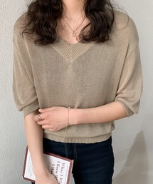 Vネックシアーニットトップス