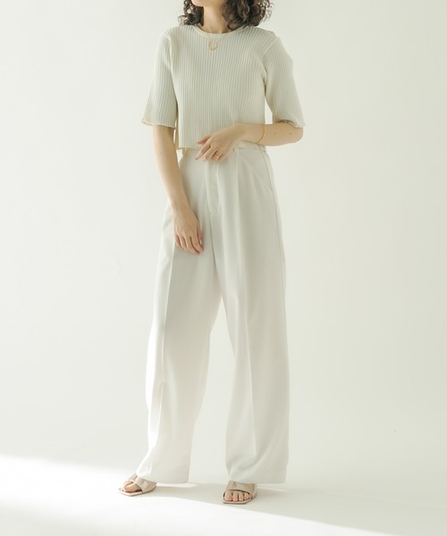 mystic(ミスティック)の「バックスリット半袖ニット(ニット/セーター・レディース・ネイビー/オフホワイト/ピンク/イエロー/ブルー/ラベンダー・FREE)」の7枚目の写真