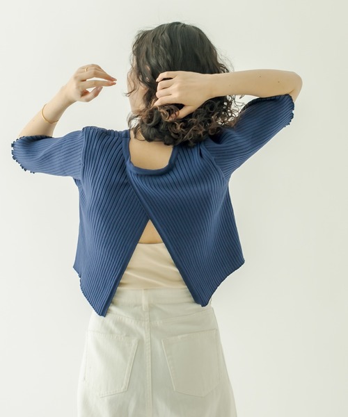 mystic(ミスティック)の「バックスリット半袖ニット(ニット/セーター・レディース・ネイビー/オフホワイト/ピンク/イエロー/ブルー/ラベンダー・FREE)」の18枚目の写真