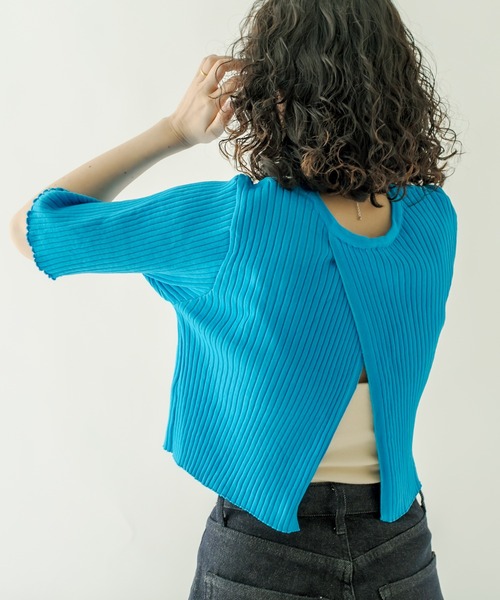 mystic(ミスティック)の「バックスリット半袖ニット(ニット/セーター・レディース・ネイビー/オフホワイト/ピンク/イエロー/ブルー/ラベンダー・FREE)」の14枚目の写真