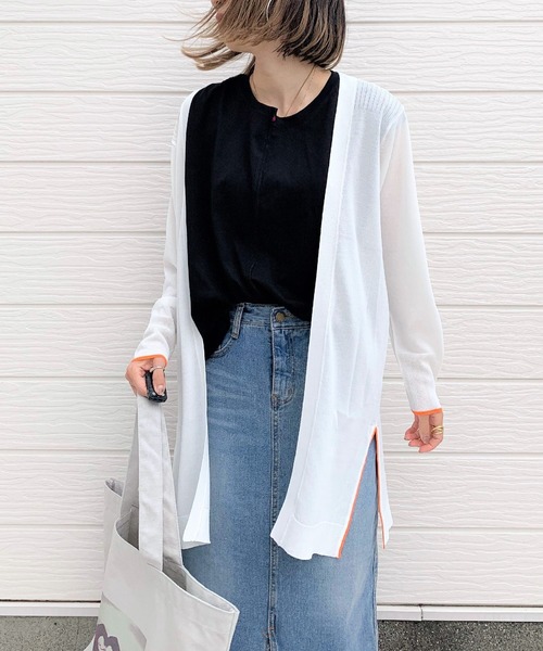 Q(キュー)の「ロングカーディガン(カーディガン/ボレロ・レディース・ブラック/ライトグリーン/アイボリー・MEDIUM)」の2枚目の写真