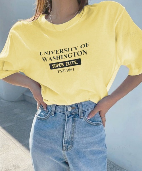 Dalfwin(ダールフィン)の「UNIVERSITYプリント半袖Tシャツ(Tシャツ/カットソー・レディース・ホワイト/ブラック/イエロー/オレンジ・FREE)」の3枚目の写真