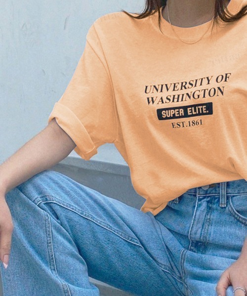 Dalfwin(ダールフィン)の「UNIVERSITYプリント半袖Tシャツ(Tシャツ/カットソー・レディース・ホワイト/ブラック/イエロー/オレンジ・FREE)」の4枚目の写真