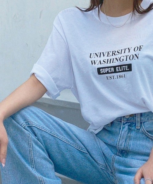 Dalfwin(ダールフィン)の「UNIVERSITYプリント半袖Tシャツ(Tシャツ/カットソー・レディース・ホワイト/ブラック/イエロー/オレンジ・FREE)」の6枚目の写真
