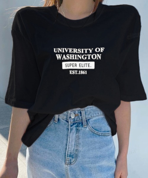 Dalfwin(ダールフィン)の「UNIVERSITYプリント半袖Tシャツ(Tシャツ/カットソー・レディース・ホワイト/ブラック/イエロー/オレンジ・FREE)」の11枚目の写真
