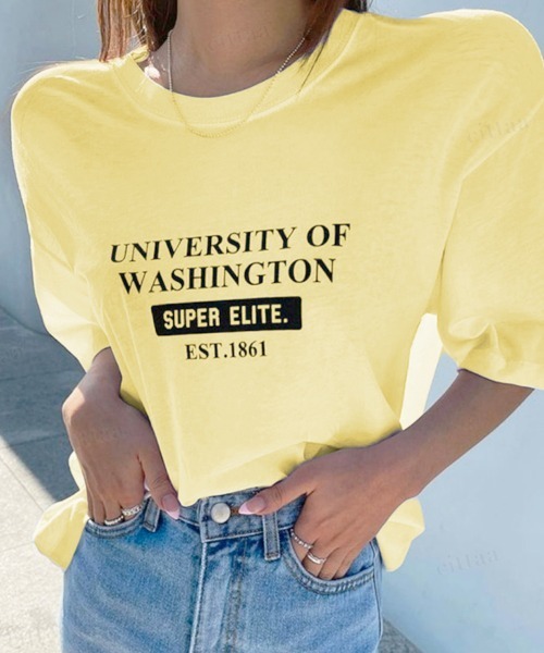 Dalfwin(ダールフィン)の「UNIVERSITYプリント半袖Tシャツ(Tシャツ/カットソー・レディース・ホワイト/ブラック/イエロー/オレンジ・FREE)」の15枚目の写真