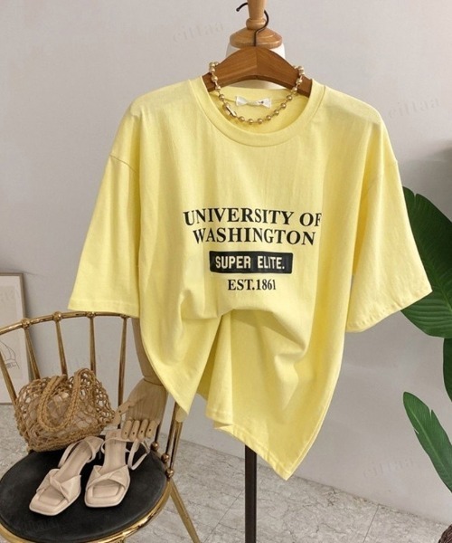 Dalfwin(ダールフィン)の「UNIVERSITYプリント半袖Tシャツ(Tシャツ/カットソー・レディース・ホワイト/ブラック/イエロー/オレンジ・FREE)」の16枚目の写真