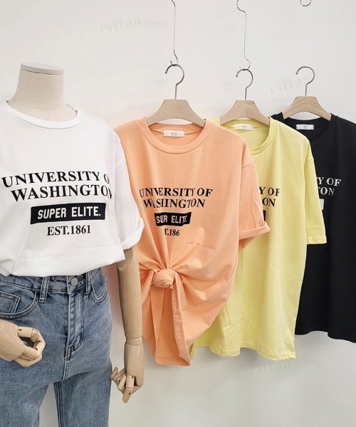 Dalfwin(ダールフィン)の「UNIVERSITYプリント半袖Tシャツ(Tシャツ/カットソー・レディース・ホワイト/ブラック/イエロー/オレンジ・FREE)」の22枚目の写真