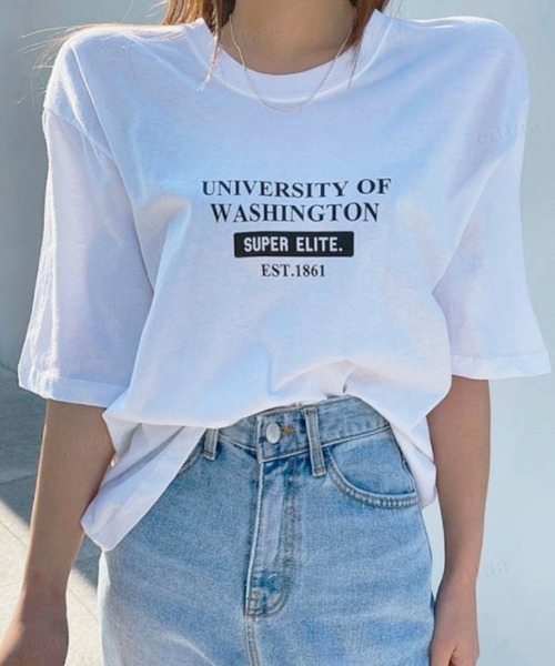 Dalfwin(ダールフィン)の「UNIVERSITYプリント半袖Tシャツ(Tシャツ/カットソー・レディース・ホワイト/ブラック/イエロー/オレンジ・FREE)」の5枚目の写真