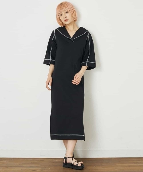 A de a.v.v（アードアー・ヴェ・ヴェ）の「セーラーカラー配色ステッチワンピース（ワンピース・レディース・ホワイト/ブラック・38/36）」の2枚目の写真