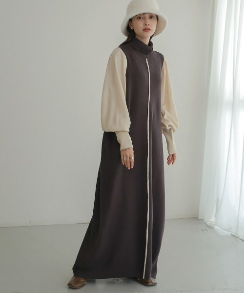 Bab（バブ）の「【選べる２サイズ＆２タイプ】配色ニットロングワンピース（ワンピース・レディース・チャコールグレー/ブラック/モカ/ブラック×ブラック/ブラック系その他/グレー系その他/ブラウン系その他/ピンクベージュ/ピンク系その他/A・FREE/M）」の6枚目の写真