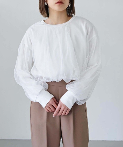 vingtrois(バントロア)の「【vingtrois】チュールレイヤードトップス(Tシャツ/カットソー・レディース・ベージュ/オフホワイト/チャコールグレー/ブラック・M)」の2枚目の写真