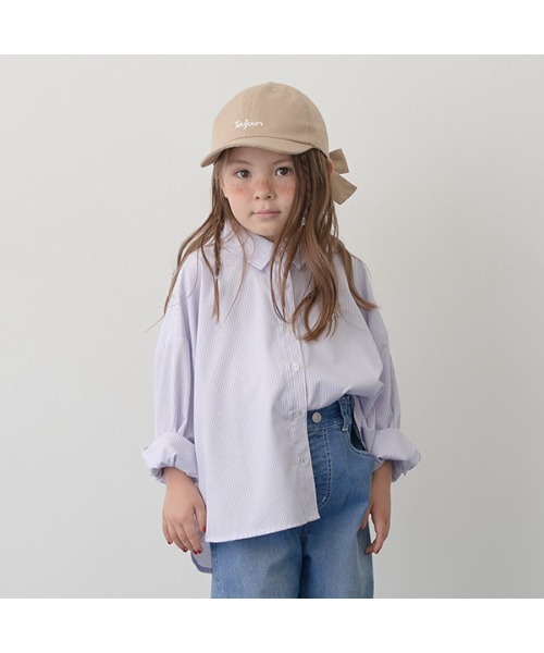Lycee mine（リセマイン）の「チェリー刺しゅうストライプオーバーシャツ（シャツ/ブラウス・キッズ・ベージュ/ラベンダー/ミント/ネイビー・110cm/130cm/140cm/100cm/120cm/150cm）」の4枚目の写真
