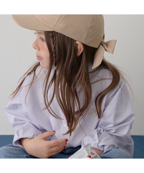 Lycee mine（リセマイン）の「チェリー刺しゅうストライプオーバーシャツ（シャツ/ブラウス・キッズ・ベージュ/ラベンダー/ミント/ネイビー・110cm/130cm/140cm/100cm/120cm/150cm）」の7枚目の写真